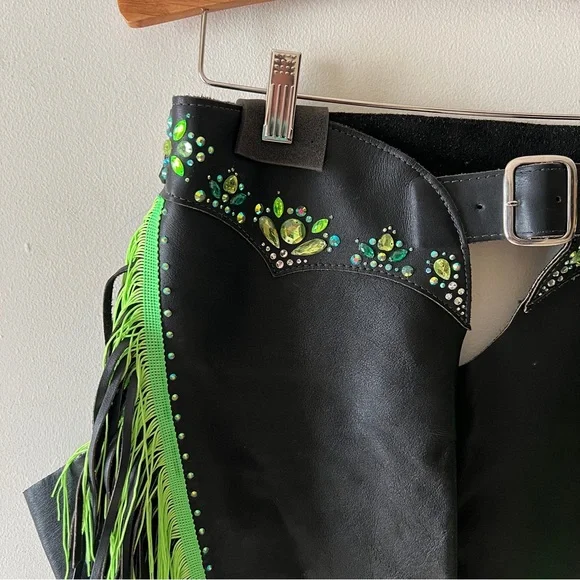 Black Leather Chaps with Green Fringe and Rhinestone Embellishments - Picture 3 of 16
